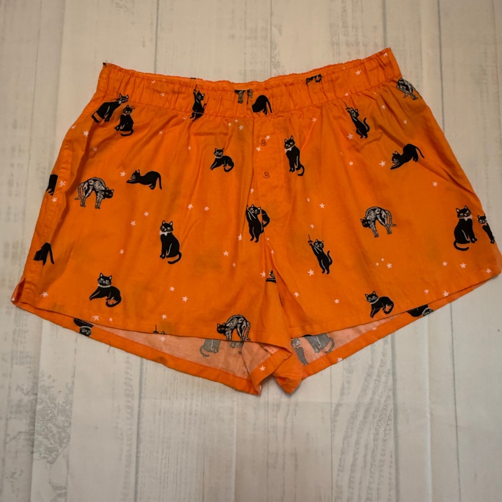 Hyde and EEK Boutique Halloween Black Cat Skeleton Pajama Shorts Orange Medium